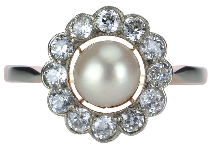 Jugendstil 585 Gelb Gold 950 Platin 0,50 ct Diamant Orient Perle Damen Ring!