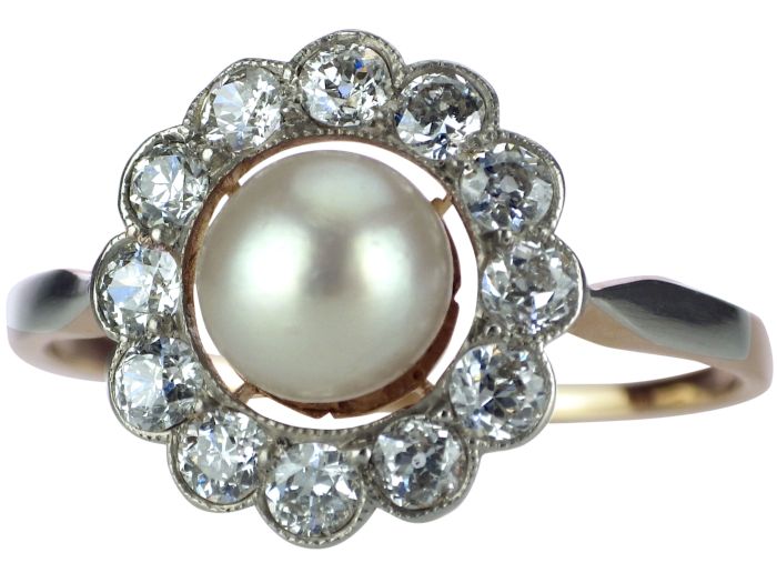 Jugendstil 585 Gelb Gold 950 Platin 0,50 ct Diamant Orient Perle Damen Ring!